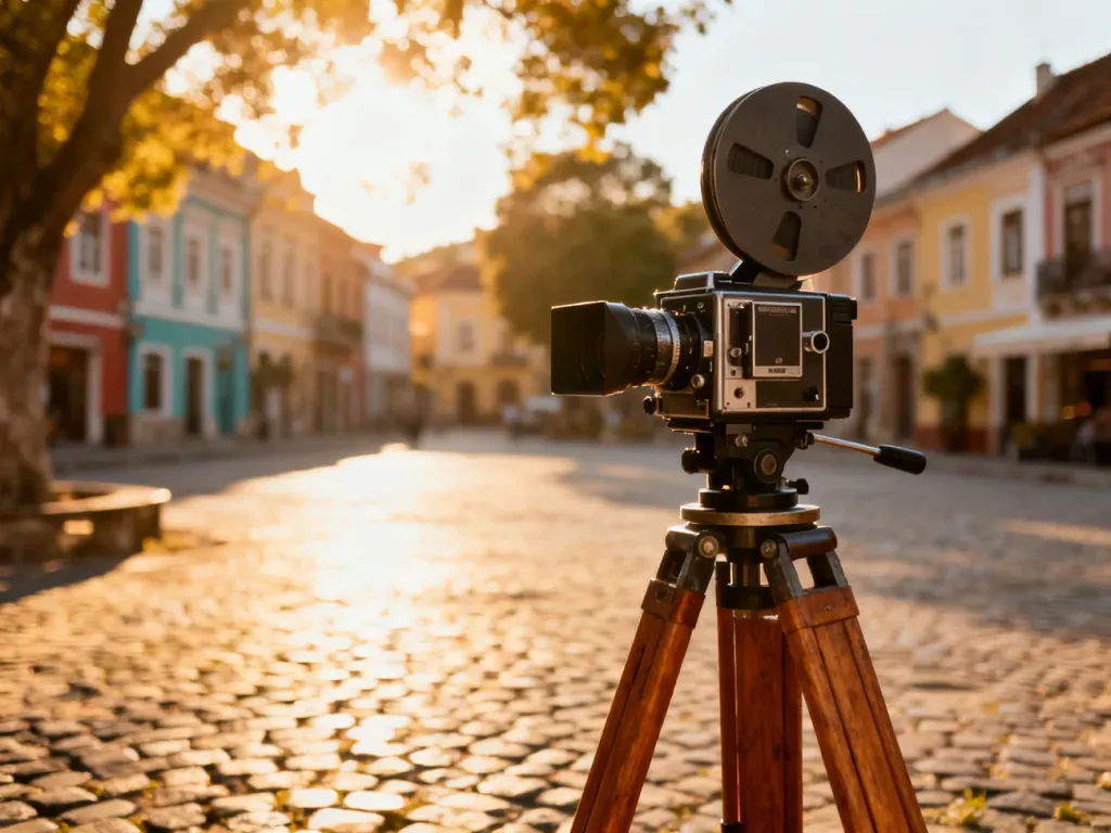 Profesjonalna kamera filmowa na statywie ustawiona na malowniczym, słonecznym rynku europejskiego miasteczka.