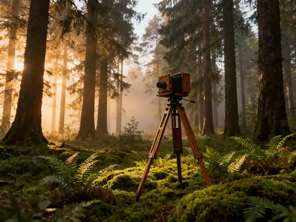 Statyw filmowy w mrocznym, zamglonym lesie na Podlasiu, podkreślający filmowy klimat regionu.