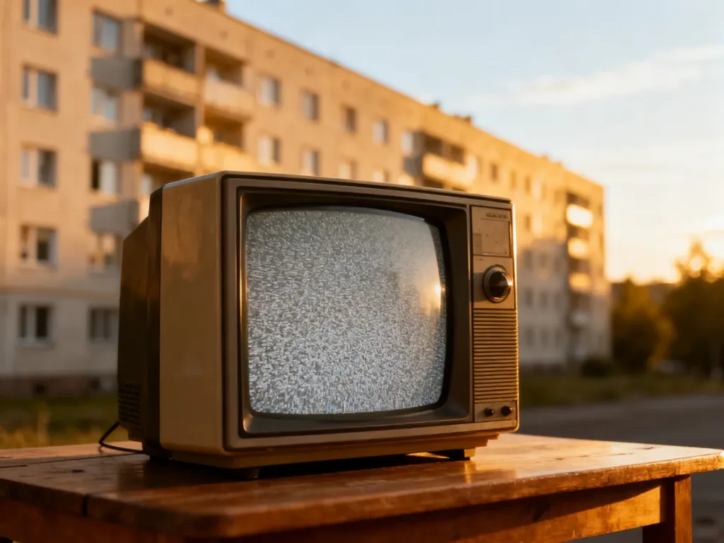 Stary telewizor z lat 80. wyświetlający szum na tle bloku z wielkiej płyty, nawiązujący do klimatu serialu Alternatywy 4.