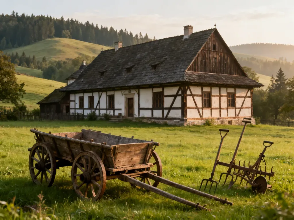 Tradycyjny drewniany dworek szlachecki w otoczeniu łąk i lasów, będący główną scenerią serialu „1670”.