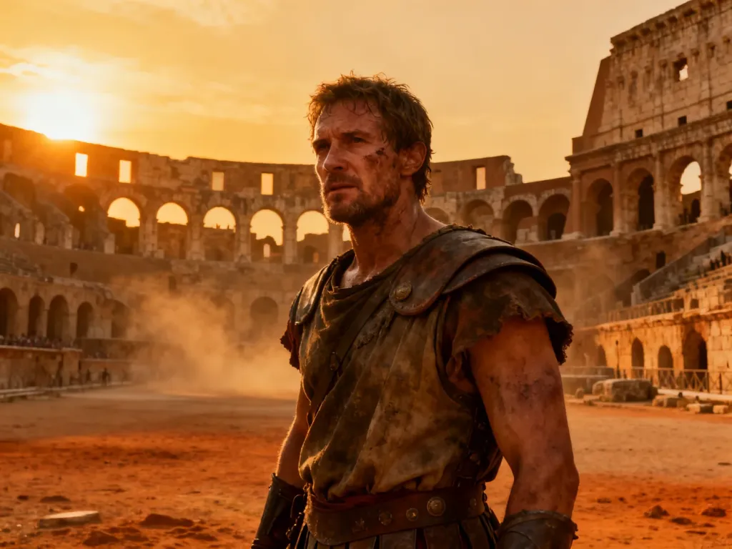 Gladiator w stroju z epoki stoi na arenie rzymskiego koloseum w blasku zachodzącego słońca.