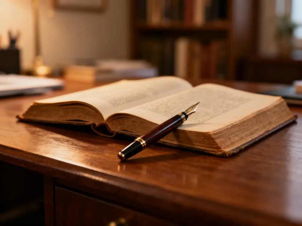 Otwarte zabytkowe księgi i pióro wieczne na drewnianym biurku, nawiązujące do poprawnej pisowni i literatury.