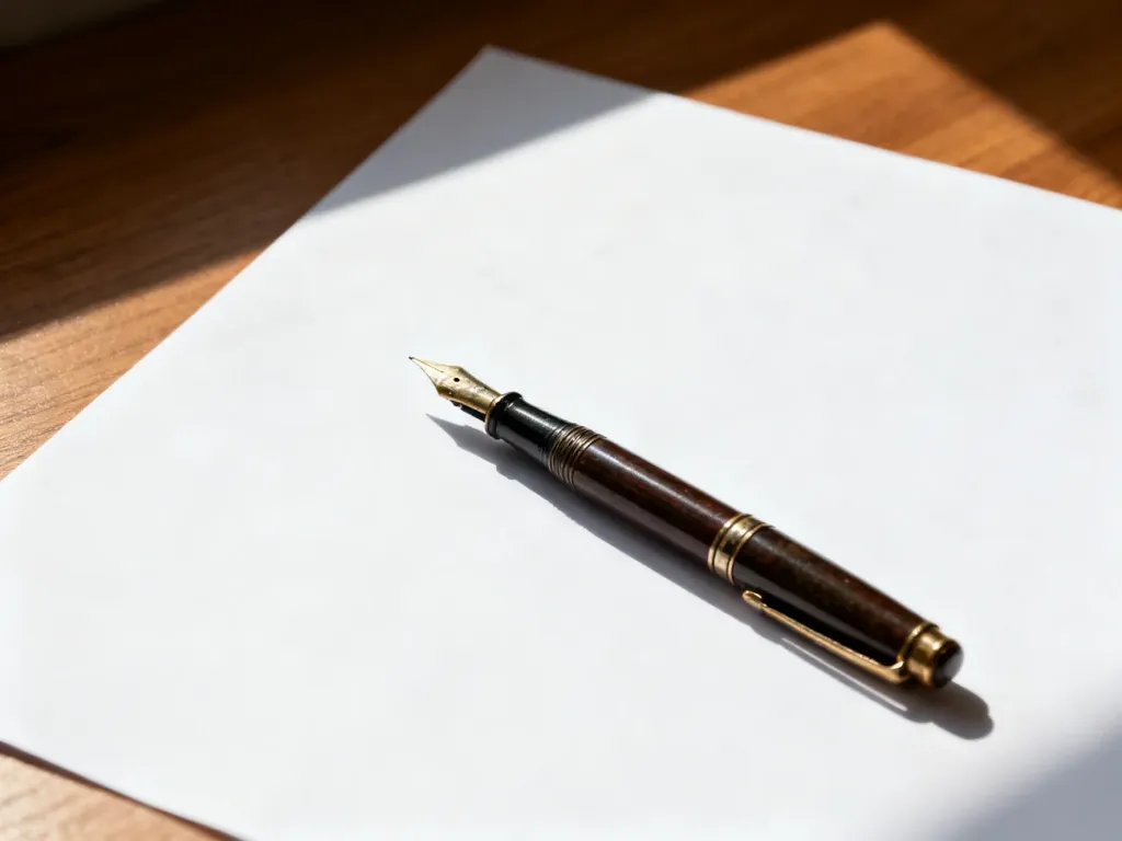 Eleganckie pióro wieczne leżące na czystej kartce papieru, symbolizujące staranność w pisaniu i dbałość o język.