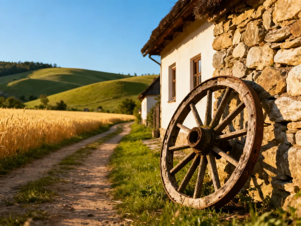 Malownicza wiejska ścieżka z drewnianym kołem wozu przy kamiennej chacie, nawiązująca do klimatu filmu „Sami swoi”.