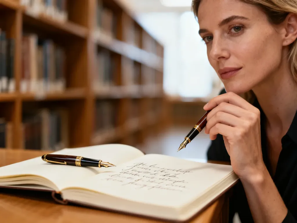 Kobieta z piórem w dłoni przygotowuje się do pisania w notatniku na tle biblioteki, co podkreśla estetykę pracy twórczej.