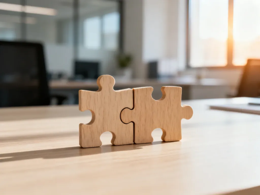 Dwa drewniane elementy puzzli idealnie do siebie pasujące, symbolizujące wzajemne dopasowanie i relację.