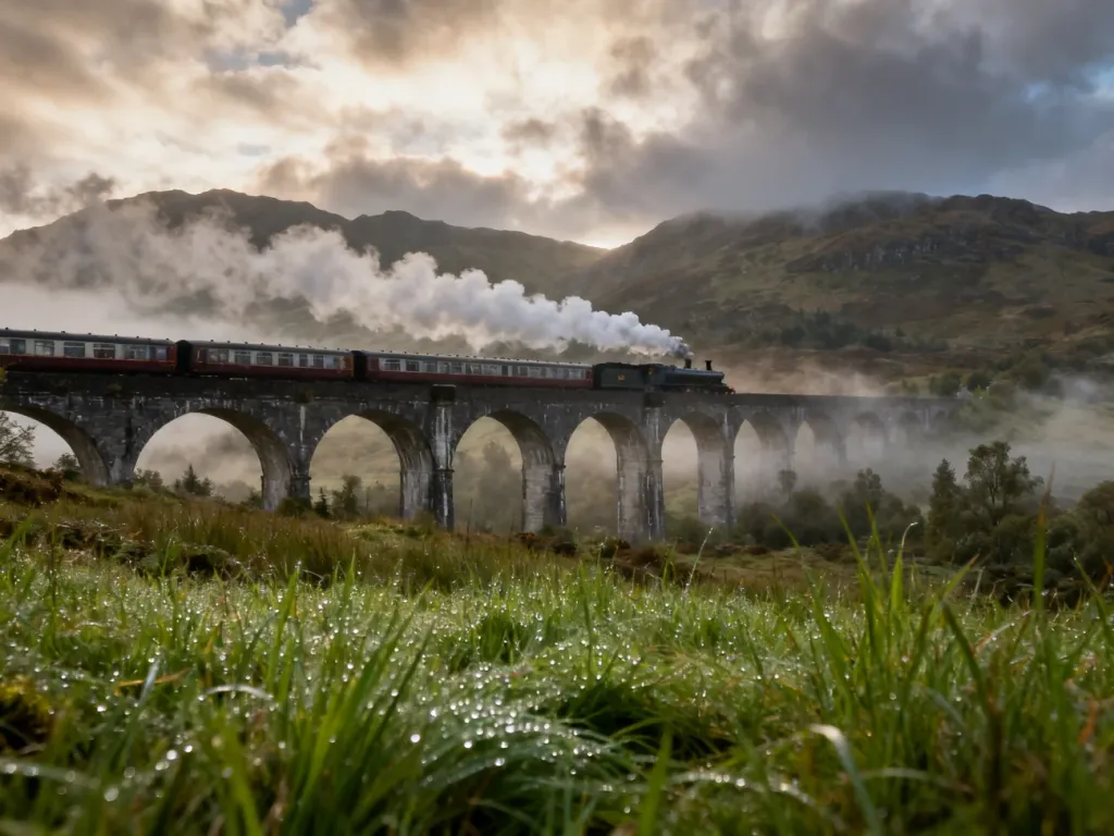 Wiadukt Glenfinnan w Szkocji, przez który przejeżdża zabytkowy parowóz znany jako Ekspres do Hogwartu.
