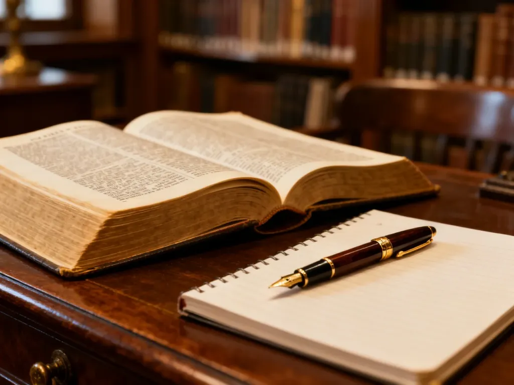 Otwarte słownik i pióro na drewnianym biurku w przytulnej bibliotece, symbolizujące pracę nad poprawną pisownią.